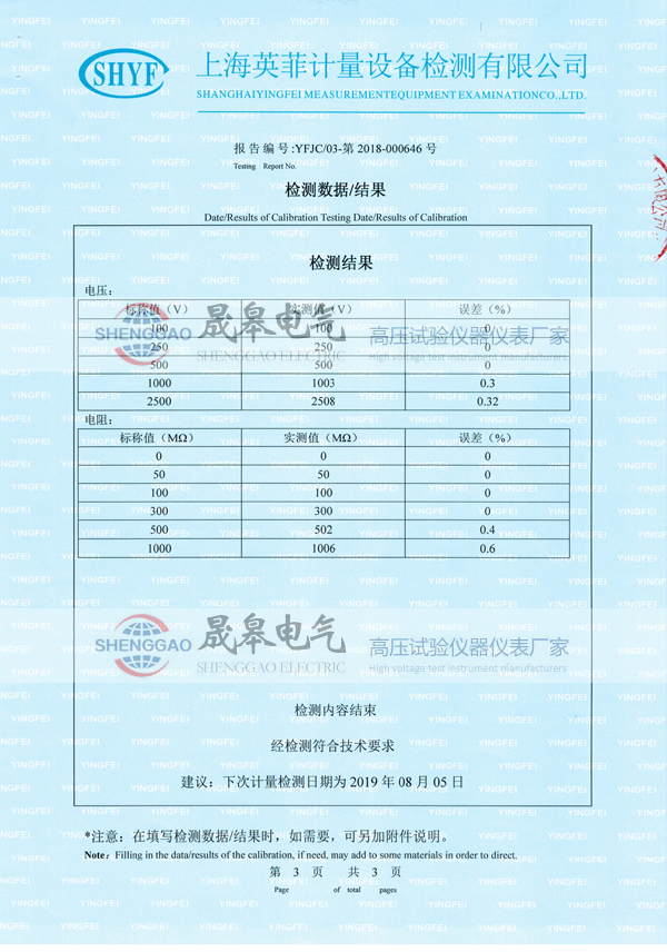 晟皋NL3102絕緣電阻測(cè)試儀檢測(cè)報(bào)告